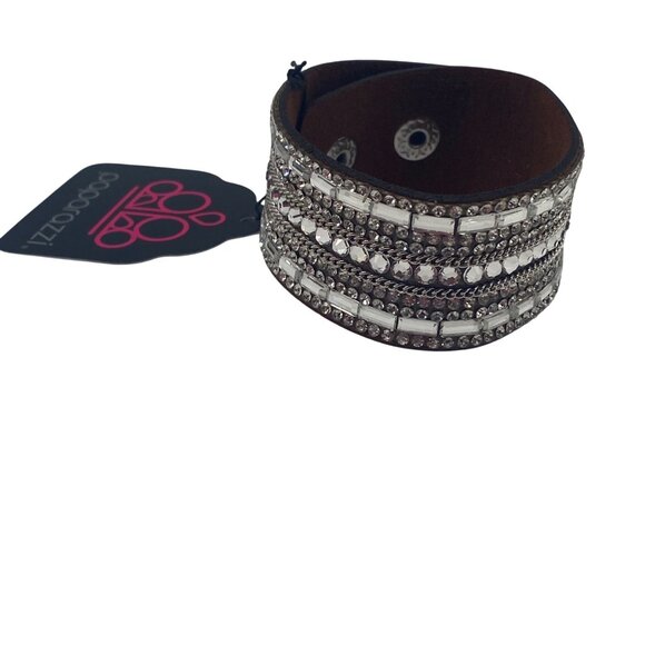 Paparazzi Jewelry Rebel Radiance Brown Fold Over Snap Bracelet Rhinestone Stud - Picture 4 of 9